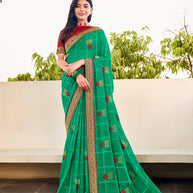 Laxmipati Ajrakh Floral Zari Motifs along with Brocade Border Chiffon Saree in Green Color with Unstitched Blouse