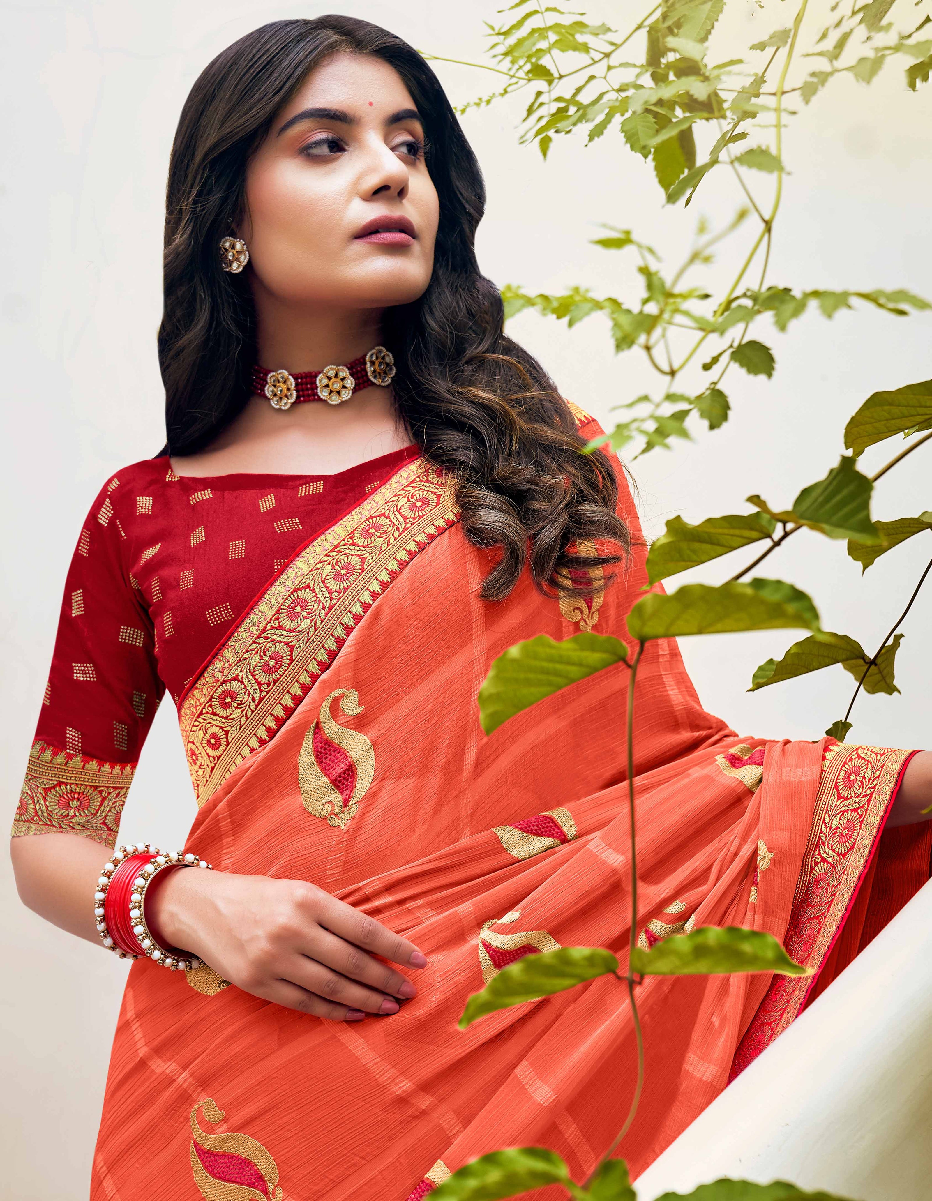 Laxmipati Ajrakh Ethnic Motif along with Brocade Border Chiffon Saree in Peach Color with Unstitched Blouse