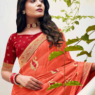 Laxmipati Ajrakh Ethnic Motif along with Brocade Border Chiffon Saree in Peach Color with Unstitched Blouse