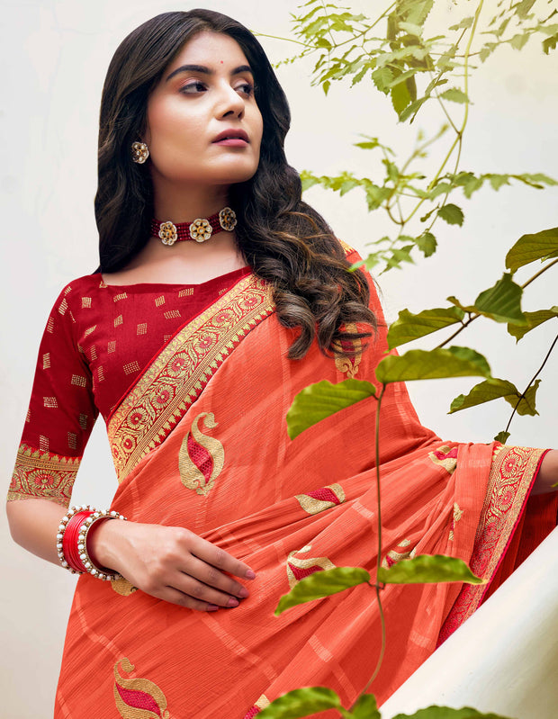Laxmipati Ajrakh Ethnic Motif along with Brocade Border Chiffon Saree in Peach Color with Unstitched Blouse