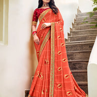 Laxmipati Ajrakh Ethnic Motif along with Brocade Border Chiffon Saree in Peach Color with Unstitched Blouse