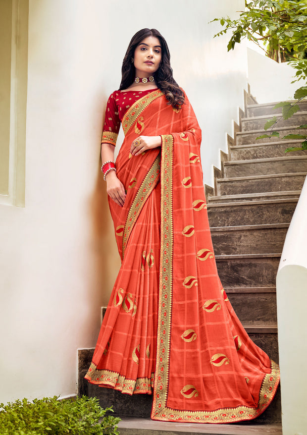 Laxmipati Ajrakh Ethnic Motif along with Brocade Border Chiffon Saree in Peach Color with Unstitched Blouse