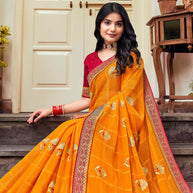 Laxmipati Ajrakh Floral Zari Motifs along with Brocade Border Chiffon Saree in Orange Color with Unstitched Blouse