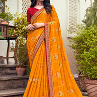Laxmipati Ajrakh Floral Zari Motifs along with Brocade Border Chiffon Saree in Orange Color with Unstitched Blouse