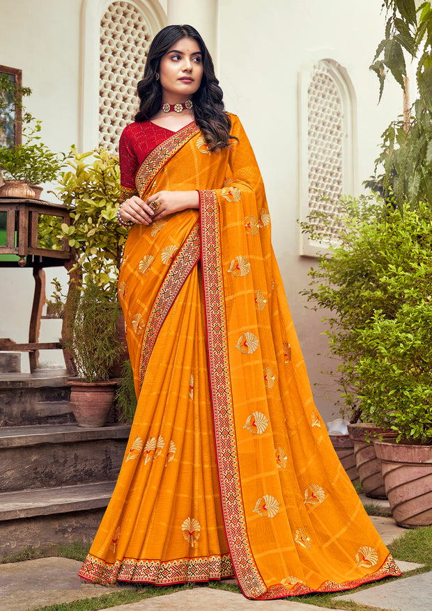 Laxmipati Ajrakh Floral Zari Motifs along with Brocade Border Chiffon Saree in Orange Color with Unstitched Blouse