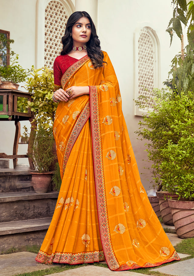 Laxmipati Ajrakh Floral Zari Motifs along with Brocade Border Chiffon Saree in Orange Color with Unstitched Blouse