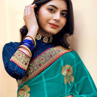 Laxmipati Ajrakh Floral Zari Motifs along with Brocade Border Chiffon Saree in Turquoise Blue Color with Unstitched Blouse