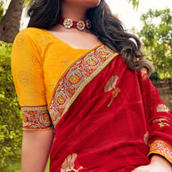 Laxmipati Ajrakh Floral Zari Motifs along with Brocade Border Chiffon Saree in Red Color with Unstitched Blouse