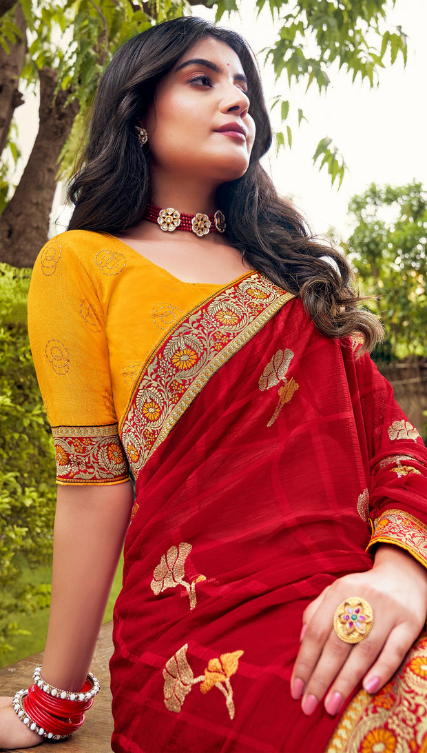 Laxmipati Ajrakh Floral Zari Motifs along with Brocade Border Chiffon Saree in Red Color with Unstitched Blouse