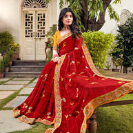 Laxmipati Ajrakh Floral Zari Motifs along with Brocade Border Chiffon Saree in Red Color with Unstitched Blouse