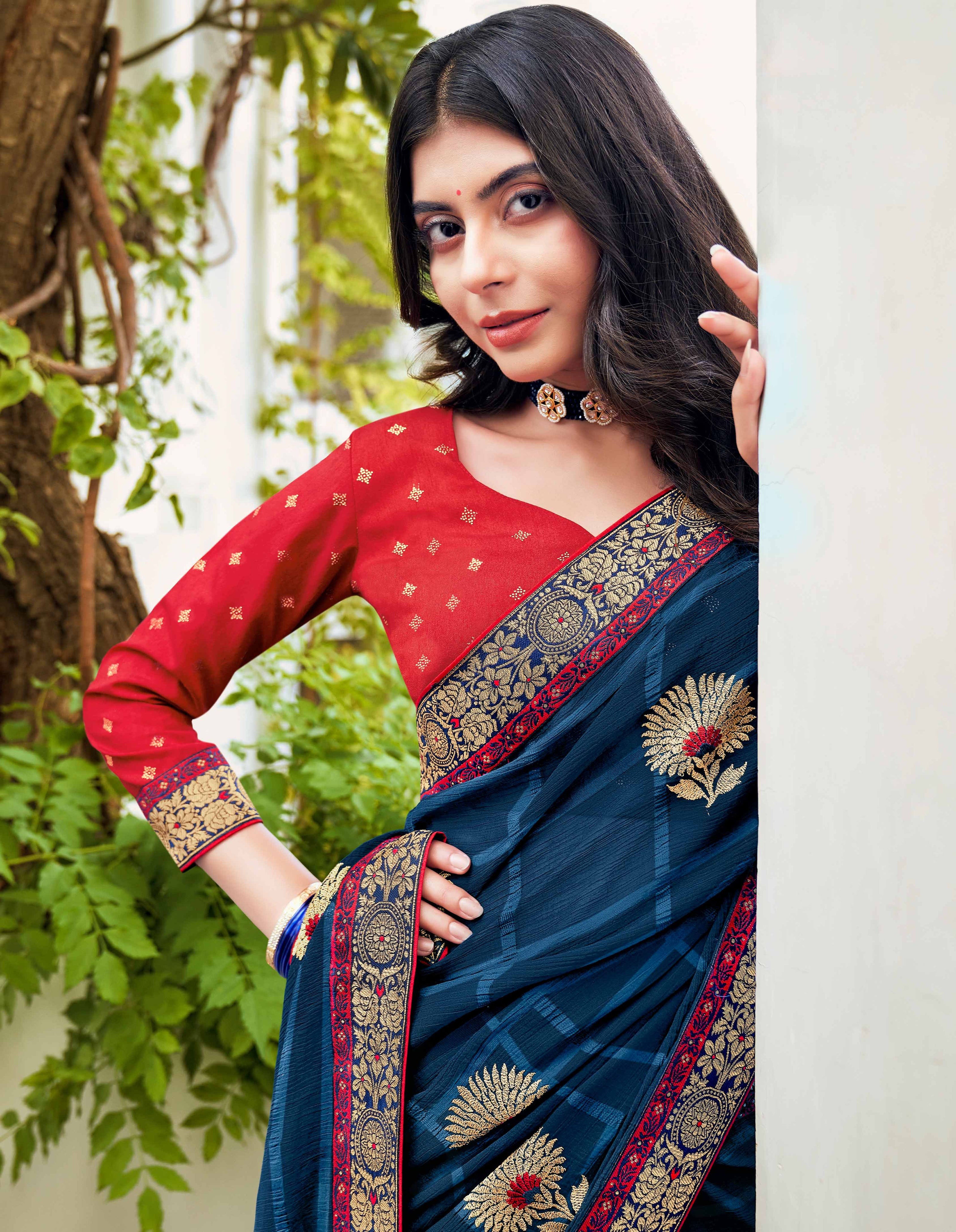 Laxmipati Ajrakh Floral Zari Motifs along with Brocade Border Chiffon Saree in Navy Blue Color with Unstitched Blouse