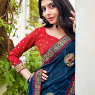 Laxmipati Ajrakh Floral Zari Motifs along with Brocade Border Chiffon Saree in Navy Blue Color with Unstitched Blouse