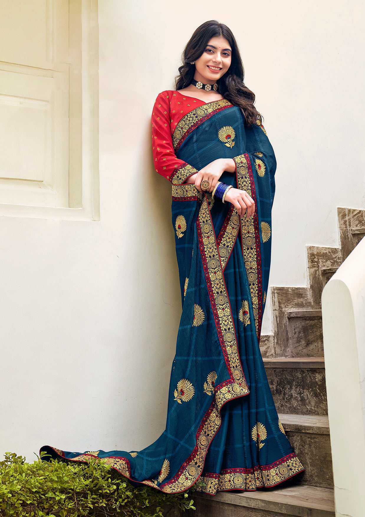 Laxmipati Ajrakh Floral Zari Motifs along with Brocade Border Chiffon Saree in Navy Blue Color with Unstitched Blouse