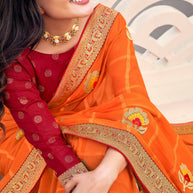 Laxmipati Ajrakh Floral Zari Motifs along with Brocade Border Chiffon Saree in Orange Color with Unstitched Blouse