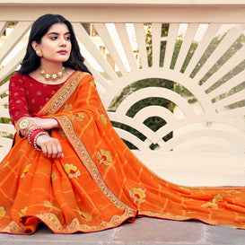 Laxmipati Ajrakh Floral Zari Motifs along with Brocade Border Chiffon Saree in Orange Color with Unstitched Blouse