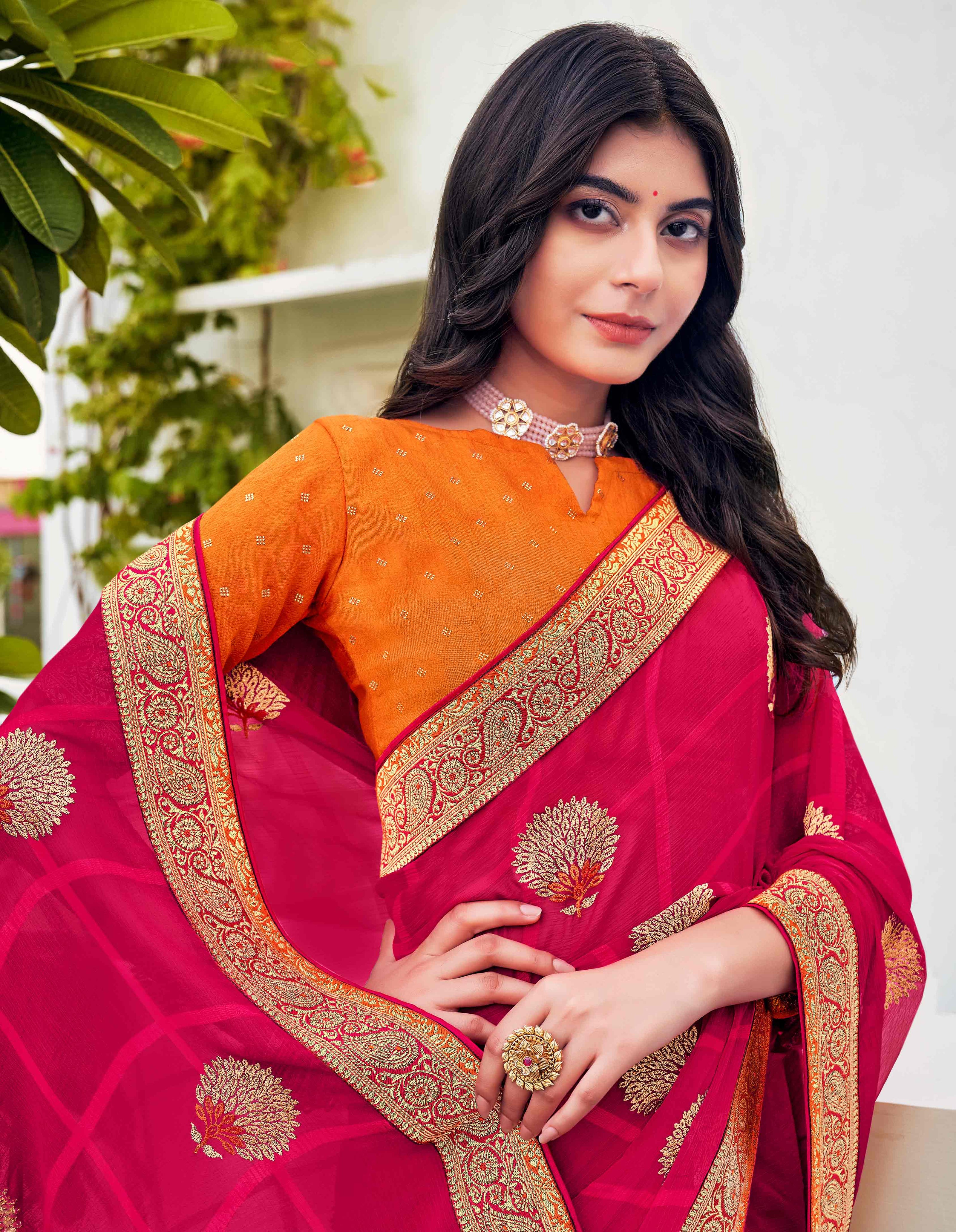 Laxmipati Ajrakh Floral Zari Motifs along with Brocade Border Chiffon Saree in Pink Color with Unstitched Blouse