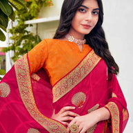 Laxmipati Ajrakh Floral Zari Motifs along with Brocade Border Chiffon Saree in Pink Color with Unstitched Blouse