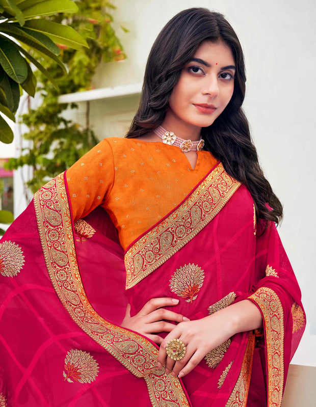 Laxmipati Ajrakh Floral Zari Motifs along with Brocade Border Chiffon Saree in Pink Color with Unstitched Blouse