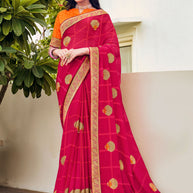 Laxmipati Ajrakh Floral Zari Motifs along with Brocade Border Chiffon Saree in Pink Color with Unstitched Blouse