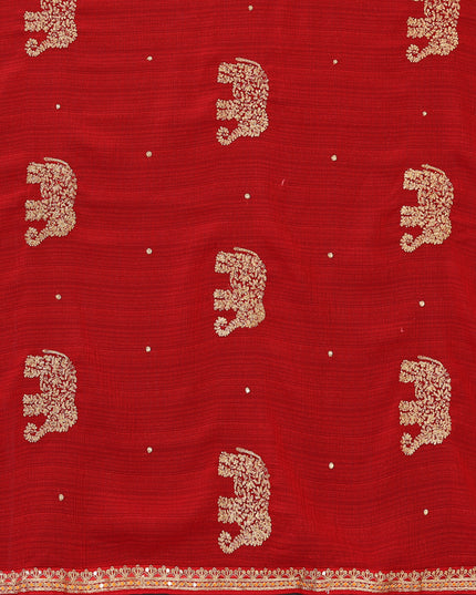 Laxmipati Chiffon Red Zari Work Embroidery, Stone Work Saree