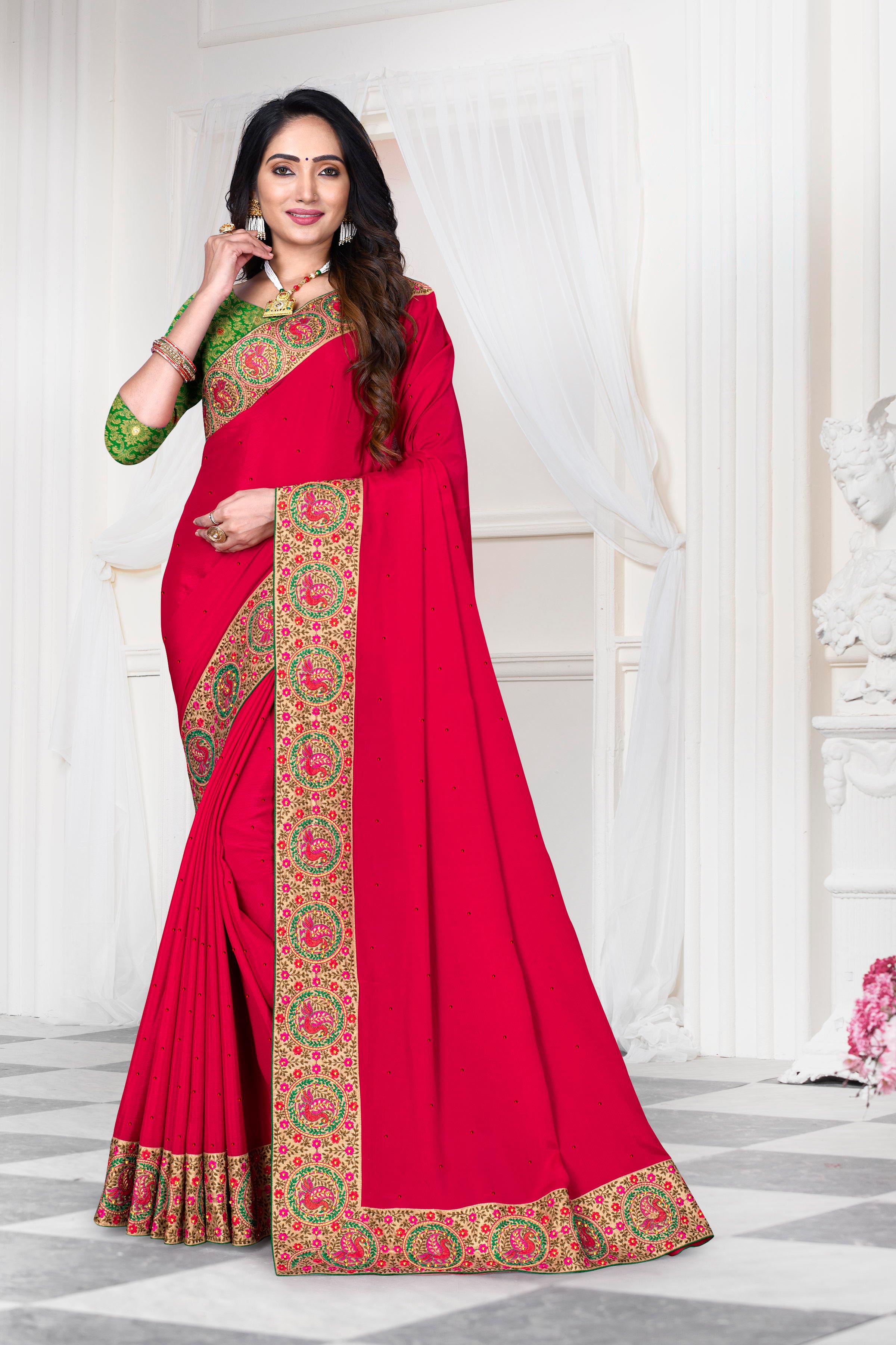 Laxmipati Red Chiffon Embroidered Saree