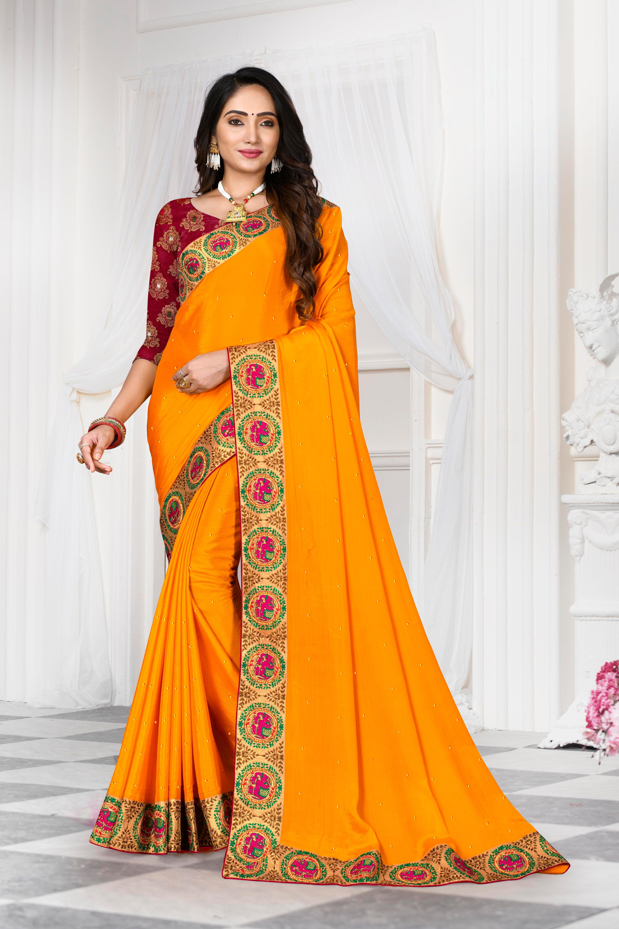 Laxmipati Art Silk Yellow Floral Embroidered Saree