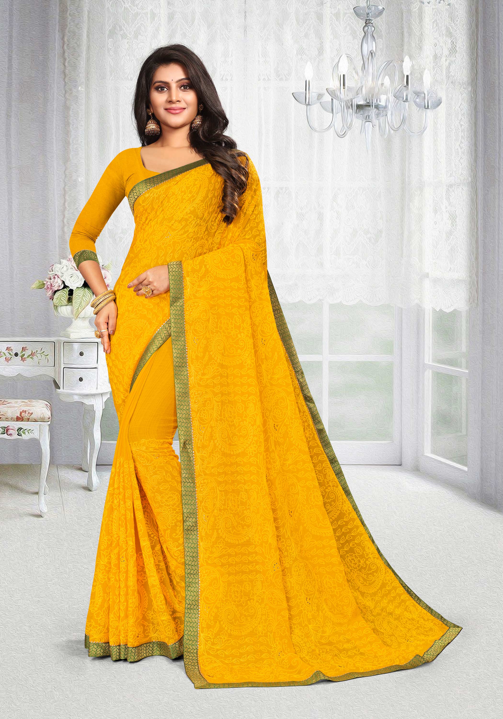 Laxmipati Chiffon Yellow Floral Embroidered Saree