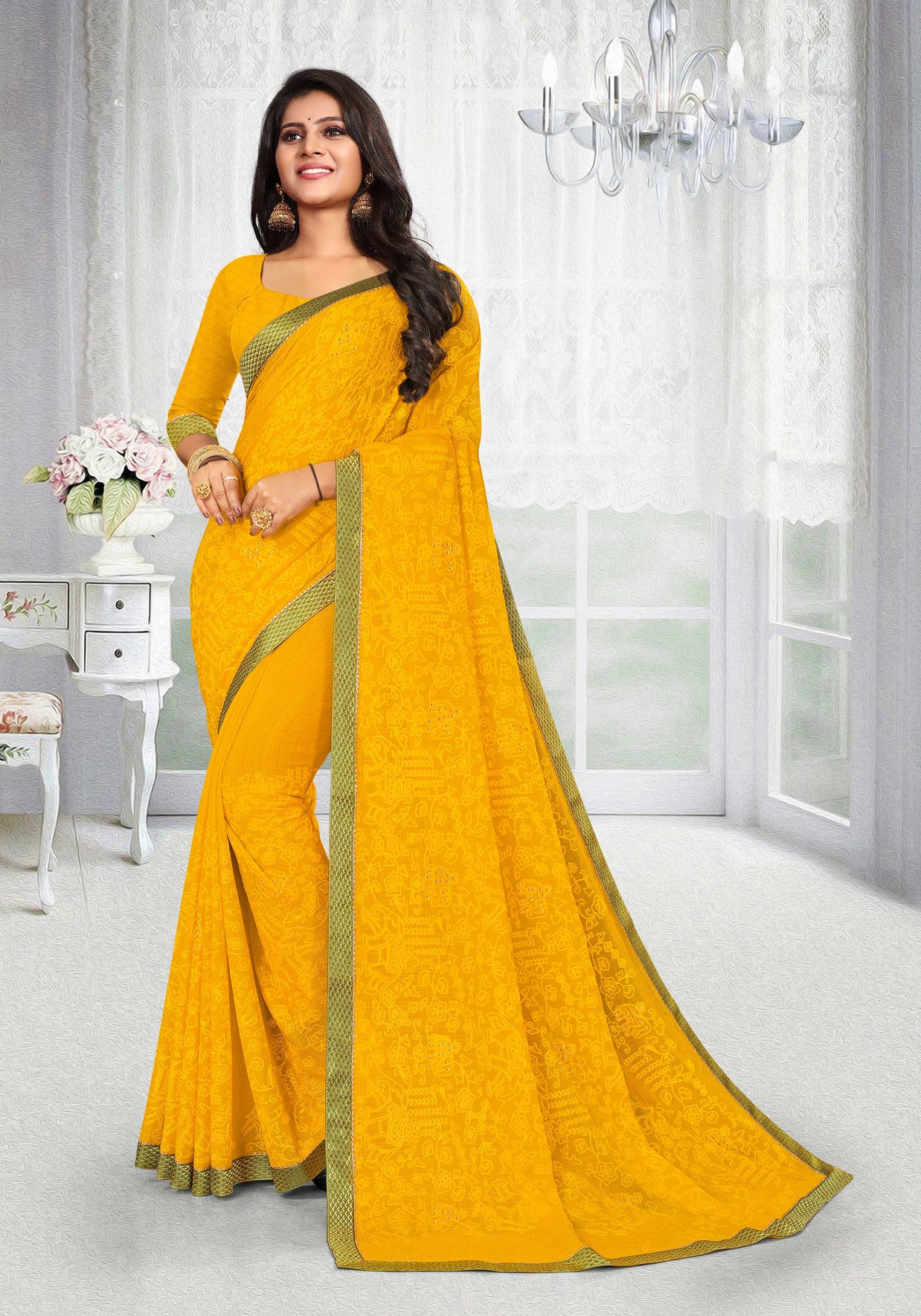 Laxmipati Art Silk Yellow Floral Embroidered Saree