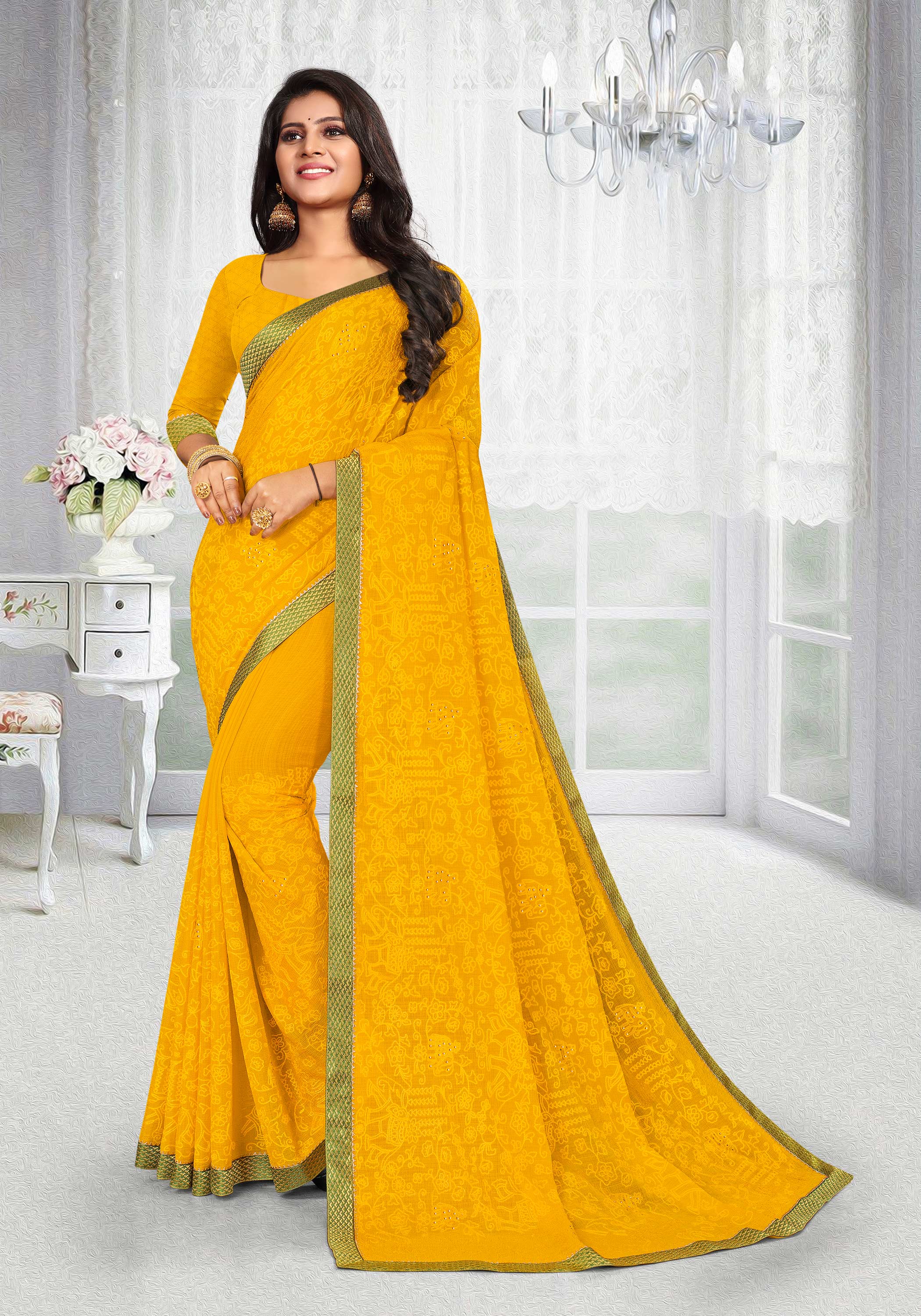 Laxmipati Art Silk Yellow Floral Embroidered Saree
