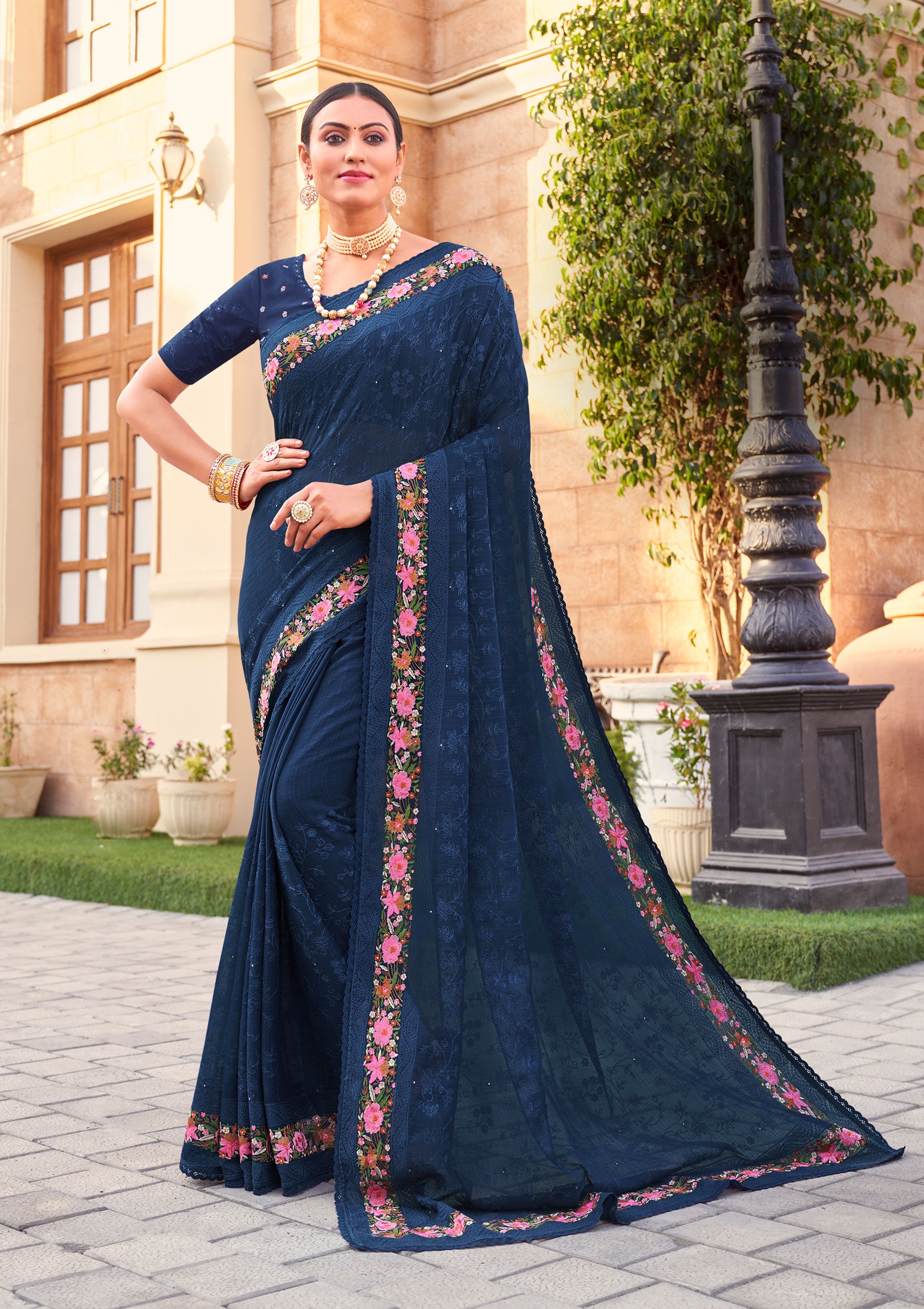 Laxmipati Chiffon Blue Floral Embroidered Saree