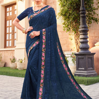 Laxmipati Chiffon Blue Floral Embroidered Saree