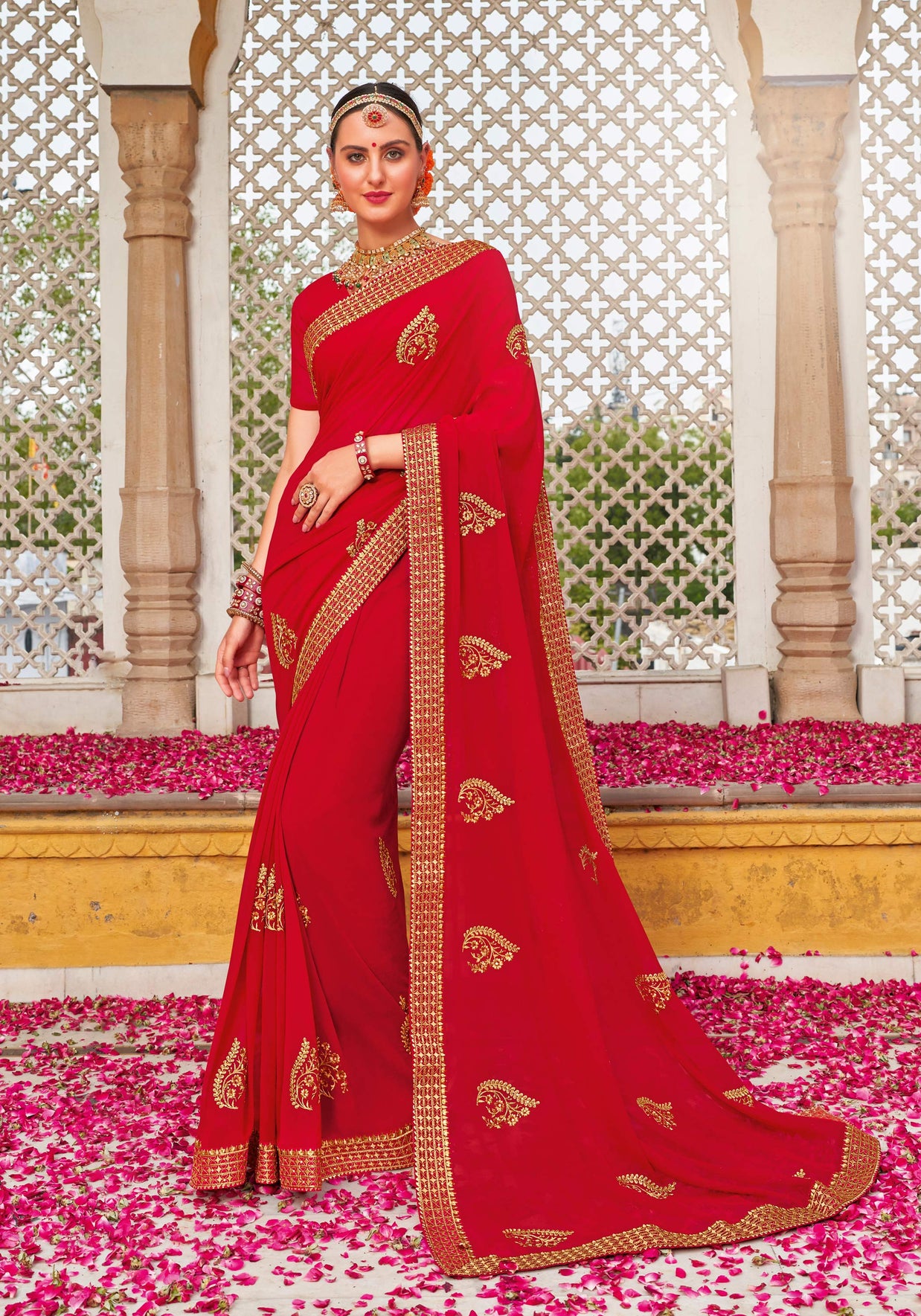 Laxmipati Red Lashkara S-1307 Georgette Gold Sarees