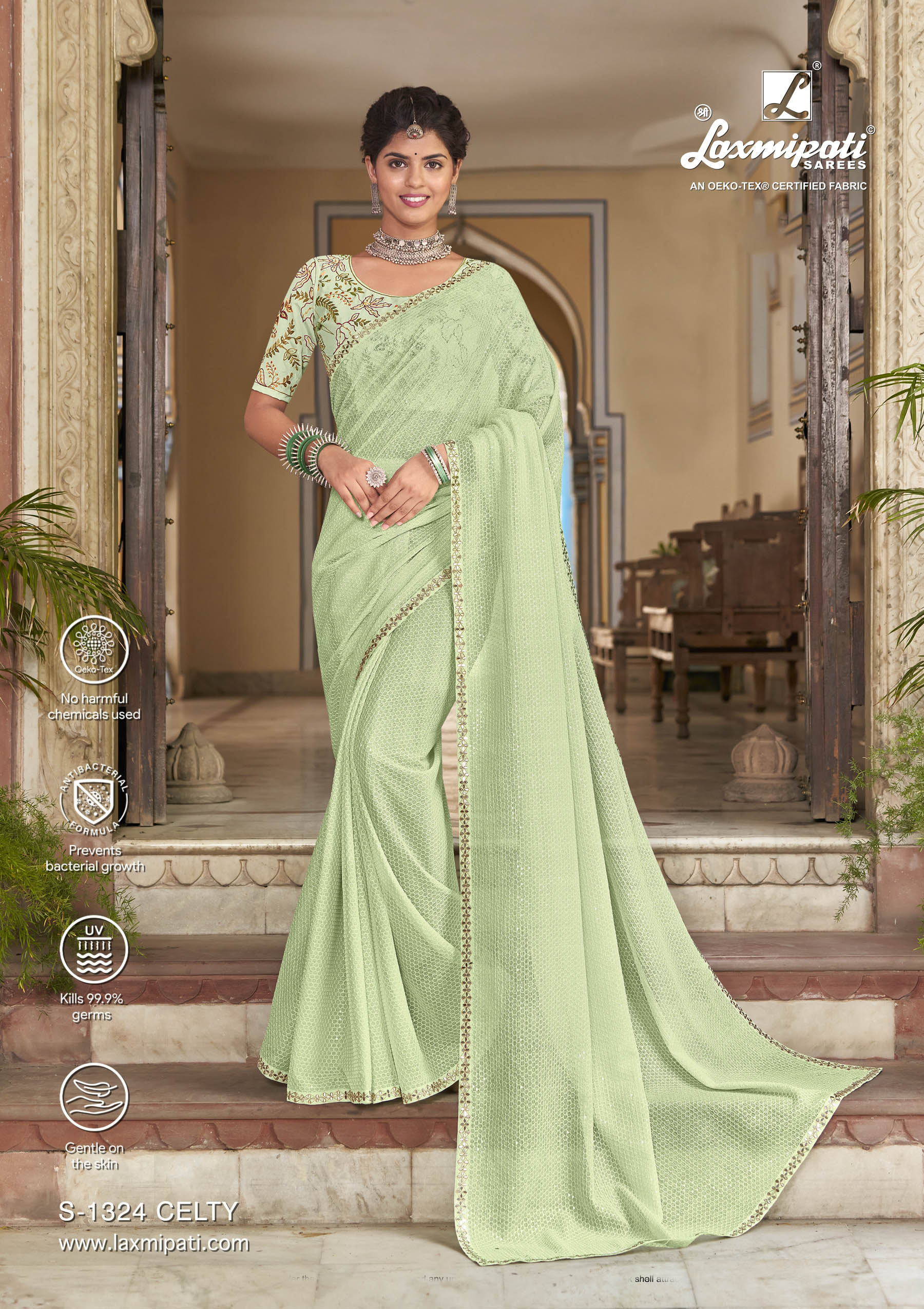 Laxmipati Chiffon Pista Green Saree