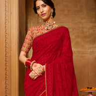 Laxmipati Chiffon Red Floral Embroidered Saree