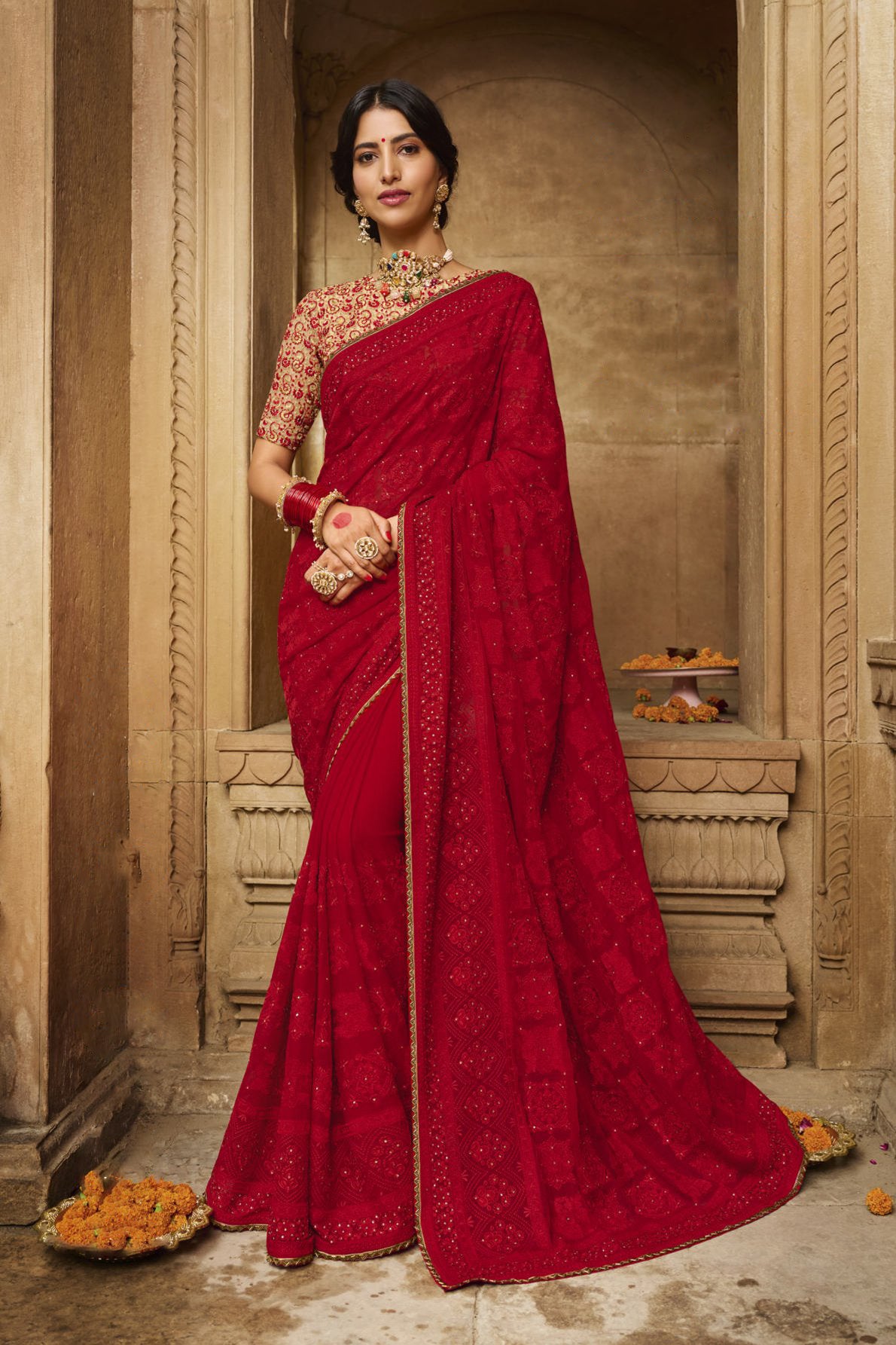 Laxmipati Chiffon Red Floral Embroidered Saree