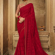 Laxmipati Chiffon Red Floral Embroidered Saree