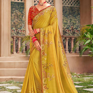 Gorgeous Mustard Yellow Chiffon Saree with Embroidered Border - Kalakari