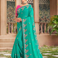 Blue Floral Embroidered Chiffon Saree with Elegant Border - Kalakari