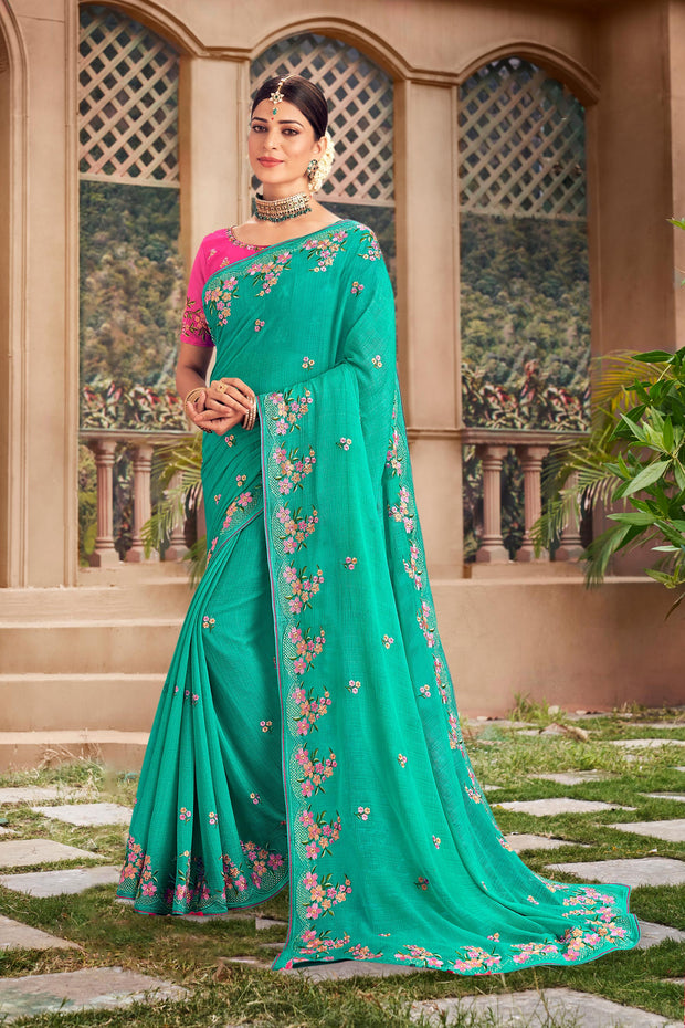 Blue Floral Embroidered Chiffon Saree with Elegant Border - Kalakari