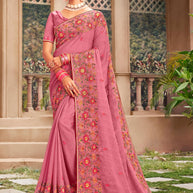 Beautiful Pink Floral Embroidered Chiffon Saree with Elegant Border -  Kalakari