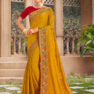 Golden Mustard Floral Embroidered Chiffon Saree with Elegant Border - Kalakari