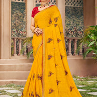 Bright Yellow Floral Embroidered Chiffon Saree with Elegant Border - Kalakari