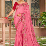 Soft Blush Pink Chiffon Saree with Floral Embroidery & Delicate Border - Kalakari