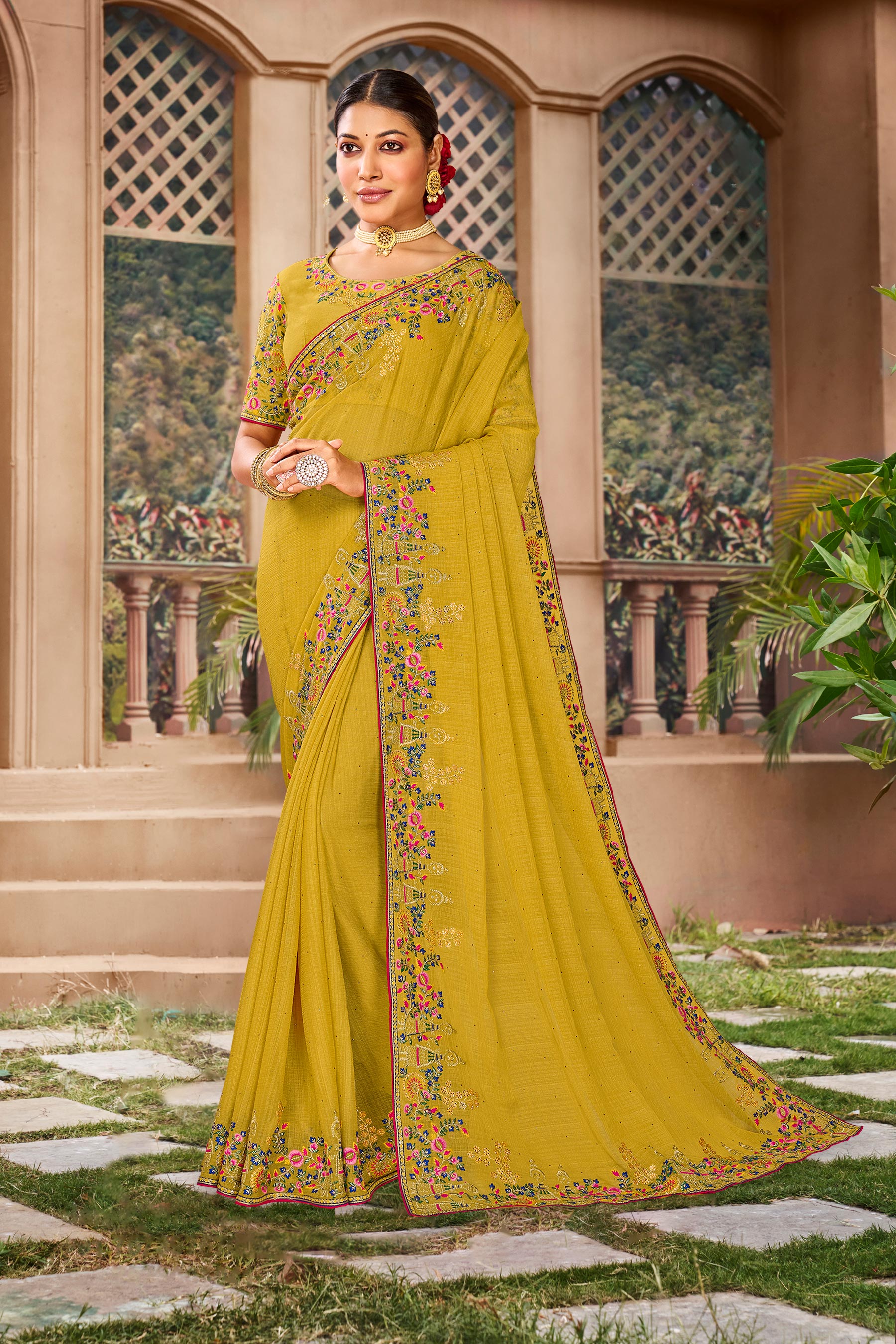 Mustard Embroidered Chiffon Floral Saree with Embroidered Border – Wedding & Party Wear Collection, Buy Now and Elevate Your Style