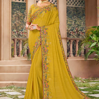 Mustard Floral Embroidered Chiffon Saree with Elegant Border - Kalakari