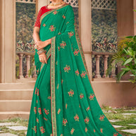 Green Floral Embroidered Chiffon Saree with intricate Border - Kalakari
