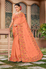 Light Orange Floral Embroidered Chiffon Saree with Embroidered Border – Ideal for Festive Moments, Shop Now for a Soft, Elegant Look