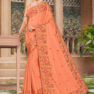 Light Orange Floral Embroidered Chiffon Saree with Elegant Border - Kalakari