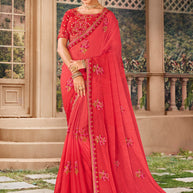 Red Chiffon Saree with Floral Embroidery and Elegant Border - Kalakari