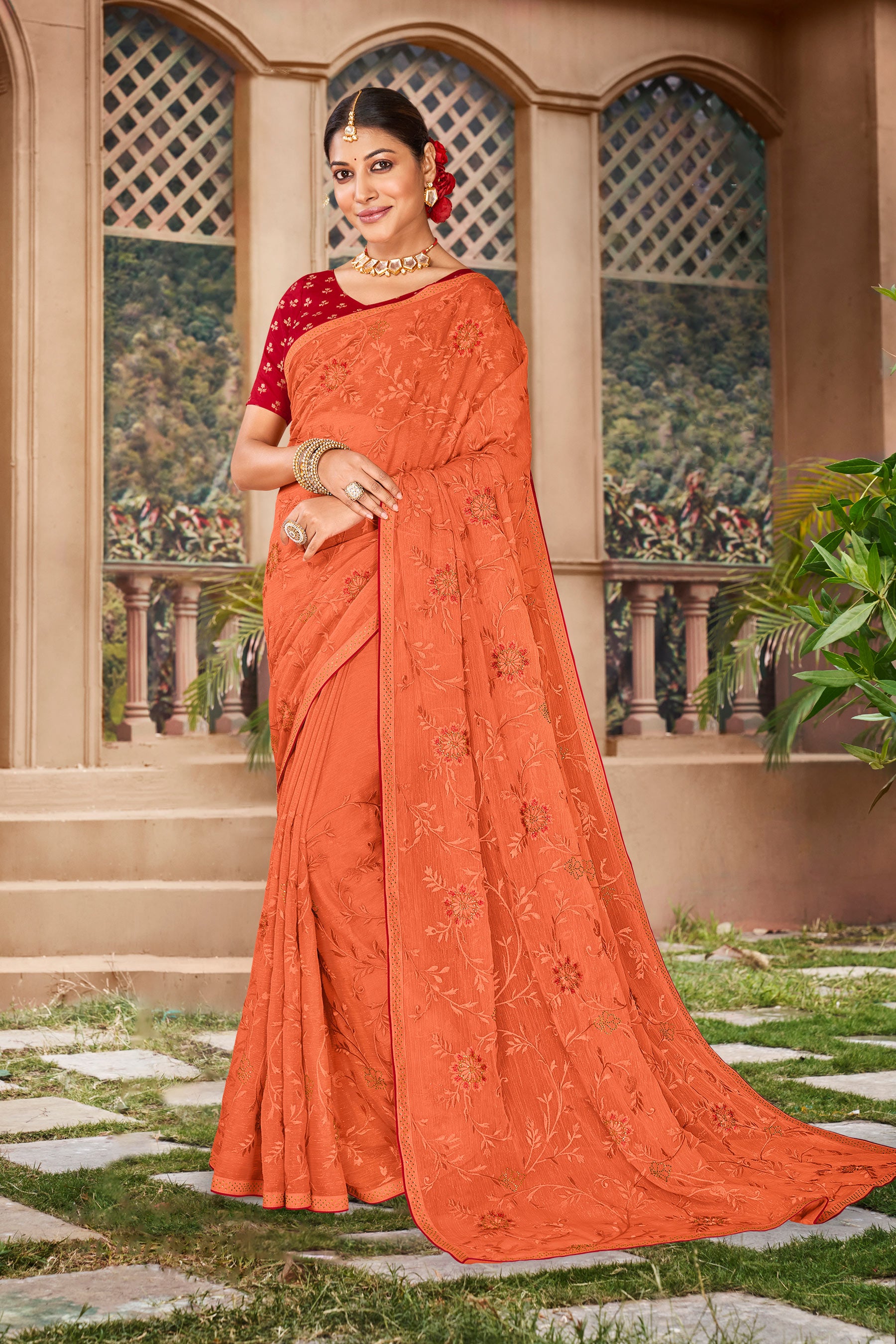 Vibrant Orange Floral Embroidered Chiffon Saree with Embroidered Border – Perfect for Weddings & Occasions, Buy Now and Shine Bright